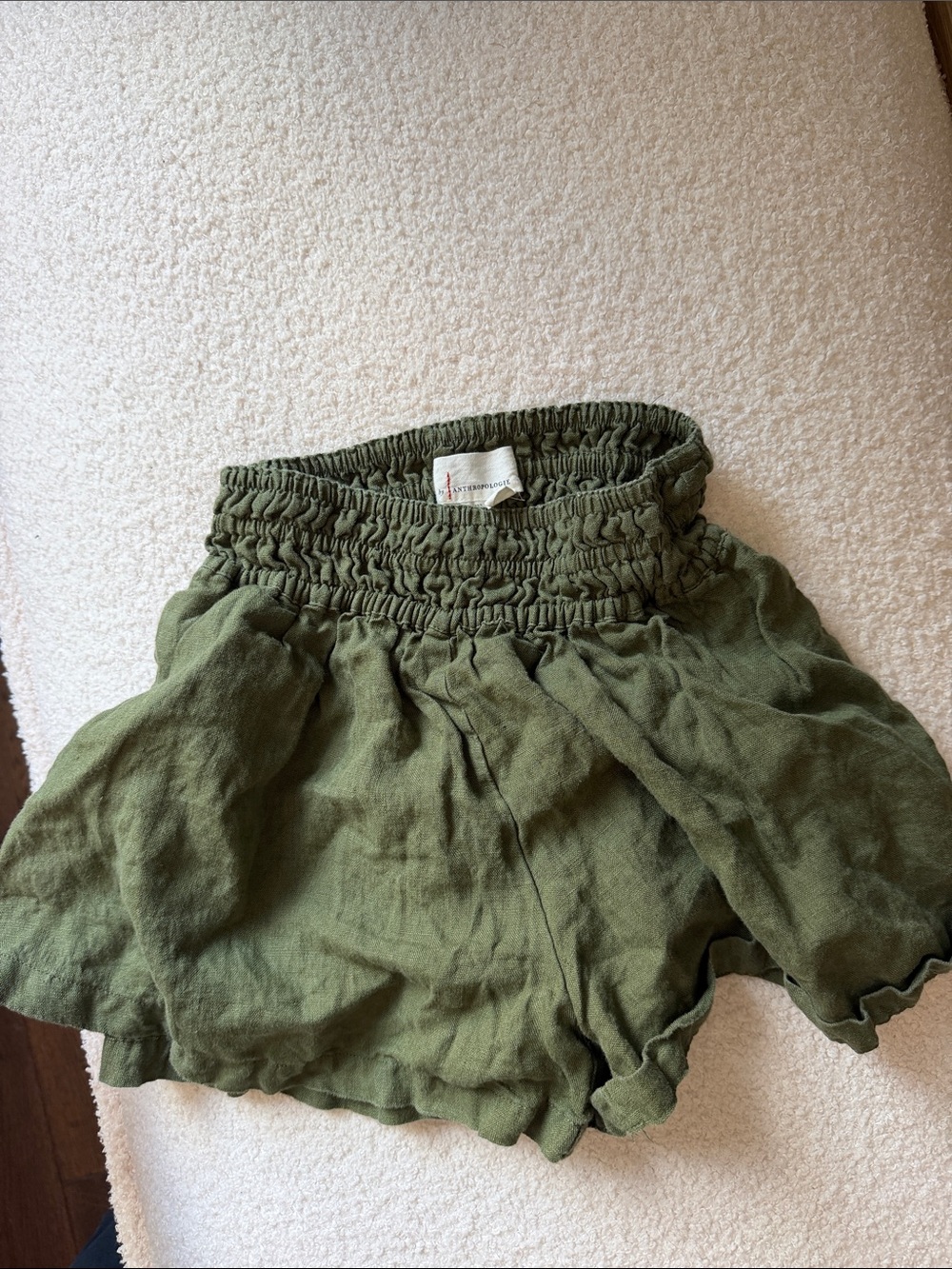 Anthropologie Olive Green High-Rise Smocked Shorts